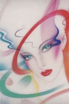 a woman's face with multicolored hair and blue eyes is shown in this artistic painting