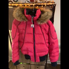 Sexy Ski Jacket, For On Top Of Ski Pants Or Leggings Navy Blue Tailored Figure Hugging Lines Of Pipe Stretchy Waist & Arm Cuffs, Keep Snow And Wind Out Many Pockets Excellent Condition Neon Hot Pink Nautica Puffer Down Feather Filled Coat Ski Jacket Hood Detachable Pink Puffer Jacket With Detachable Hood For Cold Weather, Sporty Pink Hooded Puffer Jacket, Pink Outerwear With Padded Collar For Cold Weather, Pink Puffer Outerwear For Outdoor, Pink Padded Collar Winter Outerwear, Winter Pink Padded Collar Outerwear, Winter Pink Outerwear With Padded Collar, Sporty Pink Outerwear With Detachable Hood, Fitted Pink Outerwear With Faux Fur Trim