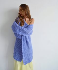 Hello, I'm the one, who won't let you down - emboidered blue mohair cardigan. I will comfort you, keep you warm and will make you smile. I'm 100% hand made and proud of that. I consist of 70% italian kid mohair and 30% of nylon, which makes me incredibly natural. I'm quite unique as could be worn all year long. I'm in really difficult and at the same time beautiful color, something between blue and light purple. I'm in one size and one size fits all because my measurements are : ❤️ Width -50 cm Long Purple Cardigan For Fall, Handmade Long Sweater Coat For Winter, Purple Chunky Knit Winter Outerwear, Cozy Long Blue Sweater, Handmade Long Cardigan For Winter, Long Blue Knitted Sweater, Handmade Long-length Winter Cardigan, Purple Chunky Knit Winter Cardigan, Handmade Purple Cardigan For Fall