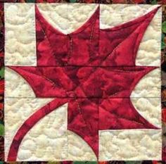 a red and white quilted design on the side of a piece of cloth with leaves