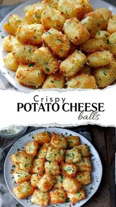 two plates with different types of food on them and the words crispy potato cheese balls