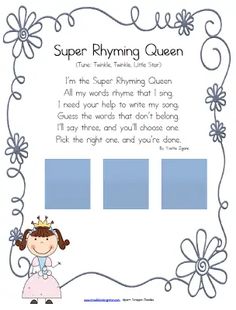 the super rhyming queen worksheet is shown in blue and has flowers on it