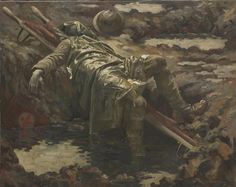 a painting of a man laying on the ground