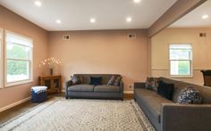 a living room with two couches and a rug