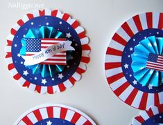 three red, white and blue paper plates with ribbons on them that say happy 4th of july