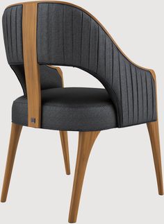 an upholstered chair with wooden legs and armrests in grey fabric, viewed from the front