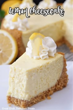 a lemon cheesecake on a white plate with the words lemon cheesecake above it