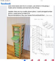 an image of a wooden shelf with drawers and shelves on the bottom, next to a facebook post about how to use it