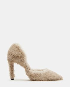 FABLE Tan Faux Fur Stiletto Pump Heel | Women's Heels Chic Winter Heels With Padded Heel, Chic Winter Heels With Sculpted Heel, Chic Beige Heels For Winter, Chic Pointed Toe Heels With Feather Trim, Winter Evening Heels With Sculpted Heel, The Fable, Steve Madden Heels, Leather Socks, Women's Heels