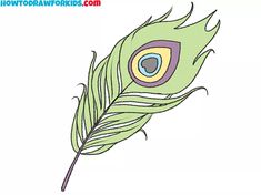 a drawing of a green feather on a white background with the words how to draw feathers