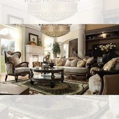 a living room filled with furniture and a chandelier