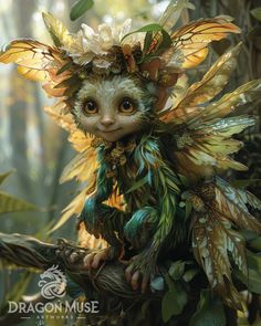 a fairy cat sitting on top of a tree branch with leaves around its body and wings