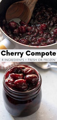 cherry compote in a pot with fresh cherries on the side and text overlay reading cherry compote 4 ingredients + fresh or frozen