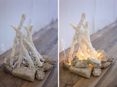 two pictures of fire pit made out of driftwood sticks and rocks on the floor