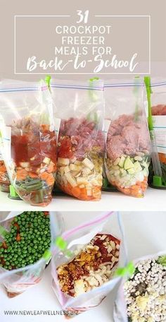 several bags filled with different types of food on top of a white table next to each other