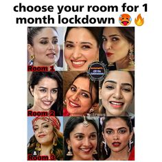 many different pictures of women smiling and looking at the same person's face with text that reads, choose your room for 1 month lockdown