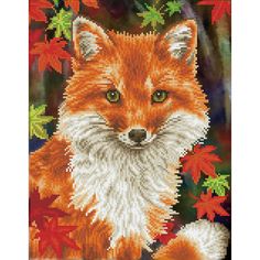 a close up of a cross stitch pattern of a fox with leaves on it's head