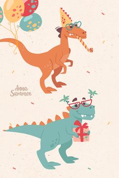 two dinosaurs are holding presents and balloons in their mouths, one is wearing glasses