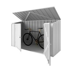 a bike is parked in the side of a storage shed with its door open to reveal it's interior