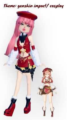 an anime character with pink hair and red boots standing next to another character in front of a white background