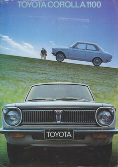 an advertisement for the toyota corolla, with two people standing in front of it