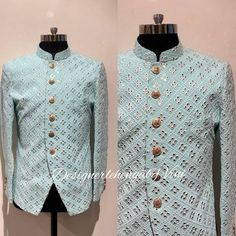 Made to measure Indian pakistani mens wear for wedding and reception party.  For custom measurements, please message us.  Fabric-  Chikankari faux mirror embroidered based on georgette.  Colours can be customised as per choice.  Father son matching outfit can be made as per order.  Includes only jodhpuri jacket.  All size available. Making time- 6-8 days Shipping takes around 7-8 days. Elegant Long Sleeve Sherwani With Gota Work, Designer Nehru Jacket With Gota Work, Designer Bandhgala With Dupatta For Reception, Elegant Fitted Nehru Jacket With Gota Work, Elegant Nehru Jacket With Gota Work For Formal Events, Elegant Nehru Jacket With Gota Work For Formal Occasions, Designer Nehru Jacket With Mirror Work For Weddings, Wedding Nehru Jacket With Gota Work And Long Sleeves, Fitted Nehru Jacket With Cutdana For Groom