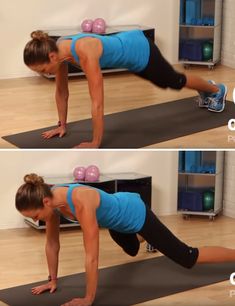 two pictures of a woman doing push ups on a yoga mat