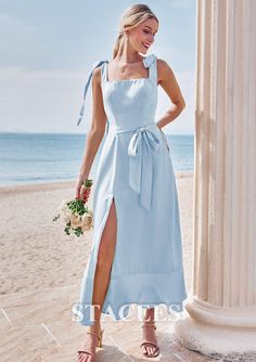 Sheath/Column Square Neckline Sleeveless Tea-Length Stretch Satin Bridesmaid Dress with Bowknot Ruffles Split S7463B - Bridesmaid Dresses - Stacees Sleeveless Summer Bridesmaid Dress With Fitted Bodice, Sleeveless Bridesmaid Dress With Fitted Bodice For Summer, Sleeveless Tie Back Midi Dress For Wedding, Sleeveless Maxi Dress With Tie Back And Fitted Bodice, Sleeveless Dresses With Knotted Straps For Garden Party, Sleeveless Bridesmaid Dresses With Sashes, Fitted Bodice Sleeveless Midi Dress With Tie Straps, Sleeveless Summer Dress With Sashes, Bridesmaid Dresses With Tie Straps