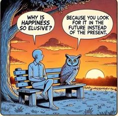 an owl sitting on top of a wooden bench next to a man in front of a tree