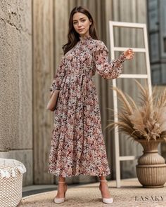 Lasaky - Pleated High Neck Floral Print Maxi Dress with Long Sleeves Modest Floral Print Dress For Fall, Modest Floral Dress For Fall Garden Party, Modest Midi Dress For Fall Garden Party, Long Sleeve Midi Dress For Garden Party In Fall, Long Sleeve Midi Dress For Fall Garden Party, Fall Long Sleeve Midi Dress For Garden Party, Flowy Floral Print Midi Dress For Fall, Flowy Feminine Maxi Dress For Fall, Feminine Flowy Maxi Dress For Fall