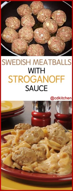 swedish meatballs with stroganoff sauce on a red plate and yellow plates