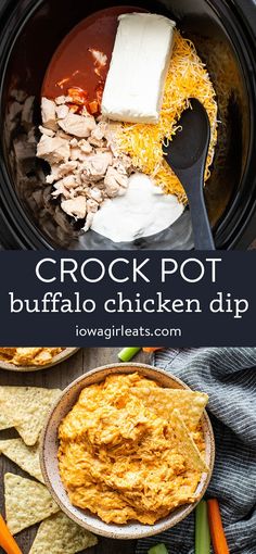 crock pot buffalo chicken dip in a slow cooker with tortilla chips