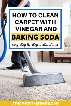 a man using a vacuum to clean carpet with vinegar and baking soda on the floor