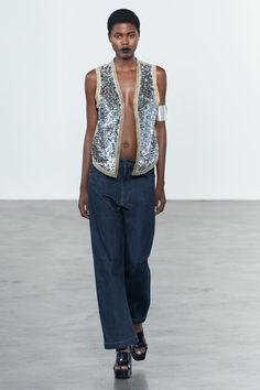 SEQUIN VEST ZW COLLECTION Sequin Vest, Sequin Appliques, Trench Jacket, Jeans Rock, Zara Women, Silk Shirt, Asymmetric Hem, Dress With Cardigan, Vest Dress