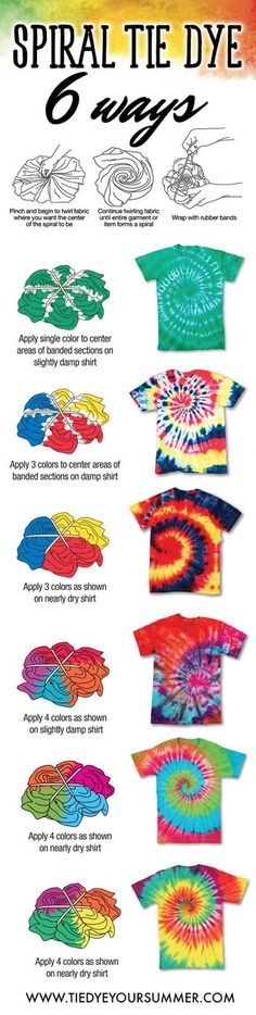 an advertisement for spiral tie dye designs, with different colors and patterns on the side