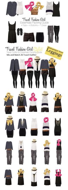 a bunch of clothes that are in different colors and sizes, with the words travel fashion girl written on them