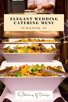 the elegant wedding catering menu is displayed in white dishes with silver serving utensils