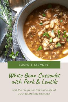 white bean casserole with pork and lentils in a bowl on a table