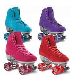 four roller skates with different colored wheels