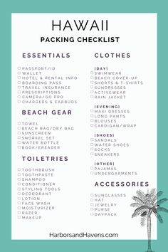 the hawaii packing checklist is shown in blue and white with an image of a palm tree