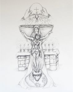 a pencil drawing of the virgin mary with her hands raised up in front of a fountain