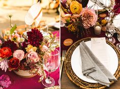 the table is set with flowers and place settings