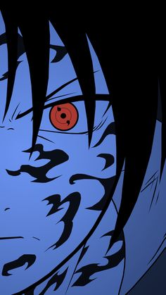 an anime character with red eyes and black hair, staring at the viewer from behind