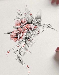 a drawing of a hummingbird with flowers on it