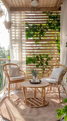 two wicker chairs sitting on top of a rug