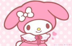 a pink bunny with a big bow on her head is standing in front of a polka dot background