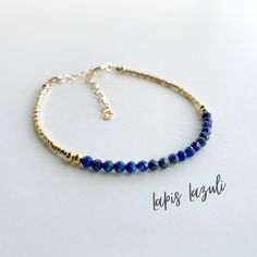 This beautiful lapis lazuli gemstone bracelet is handcrafted with 4mm natural lapis lazuli beads. The gold beading is done with high quality Japanese Miyuki Duracoat delica seed beads. The larger round gold beads are 14k gold filled for lasting quality. A 14k gold filled spring clasp completes the look. It's the perfect bracelet for layering or wearing all on its own! It's simple, yet elegant design makes it a great option for every day wear. This bracelet can be purchased in either 14k gold fil Sapphire Lapis Lazuli Bracelets With Round Beads, Adjustable Lapis Lazuli Beaded Bracelets With Gemstone, Adjustable Lapis Lazuli Beaded Bracelets For Everyday, Lapis Lazuli Jewelry With Faceted Beads, Lapis Lazuli Round Beads Jewelry For Healing, Sapphire Gemstone Beads Bracelet In Lapis Lazuli, Healing Lapis Lazuli Jewelry With Faceted Beads, Adjustable Lapis Lazuli Beaded Bracelet With Faceted Beads, Gold Bracelets With Lapis Lazuli And Natural Stones