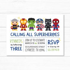 YOU WILL GET• Avengers Invitation and back design (5x7" JPG hi-res) with your favorite super heroes: Iron Man, Hulk, Captain America, Spider Man and more! • Leave the party information on the note's order during the checkout process and I will make the editing for you. Don't forget to include your email address. ORDERING DETAILS • Professional printed service available, just select on the second drop-down menu the quantity of your choice. This option will include: White envelopes, Double sided p Two The Rescue Birthday Superhero, Super Hero 3rd Birthday, Marvel Themed Birthday Party, Avengers Invitation, Avengers Birthday Party, Spiderman Invitation, Marvel Birthday Party, Superhero Birthday Invitations, Superhero Invitations