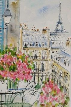 a painting of pink flowers on a table in front of the eiffel tower