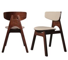 two wooden chairs side by side, one with a white seat and the other without